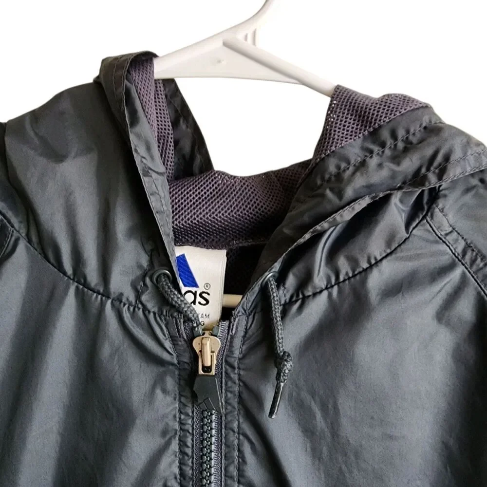 Vintage Adidas Windbreaker Jacket Men’s Size L Gray Orange 3-Stripes Hooded Zip